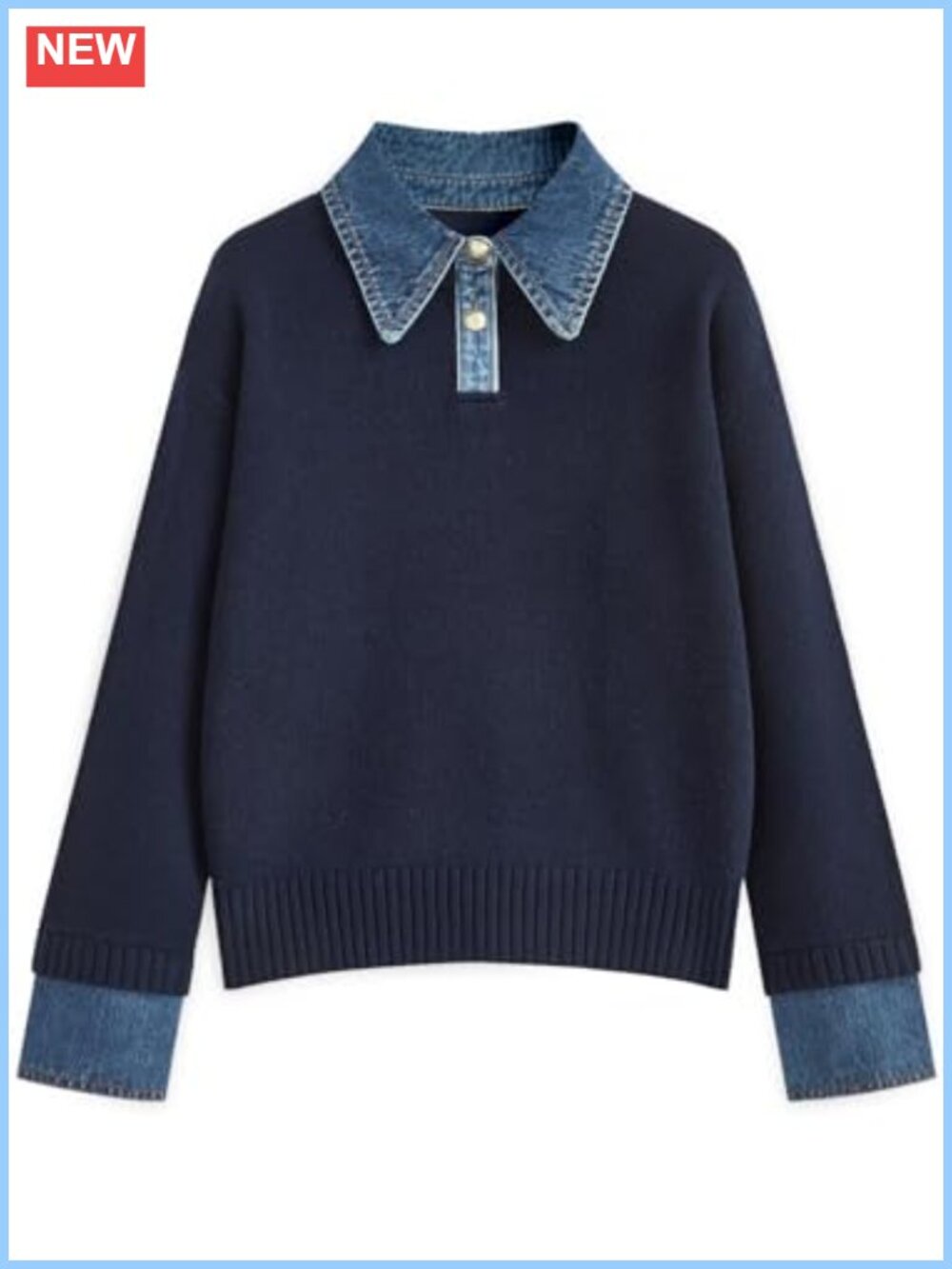 Women's Oversized Denim-Inspired Knit Sweater with Collared Neck